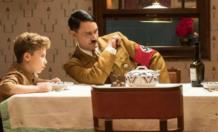 Roman Griffin Davies and Taika Waititi in Jojo Rabbit