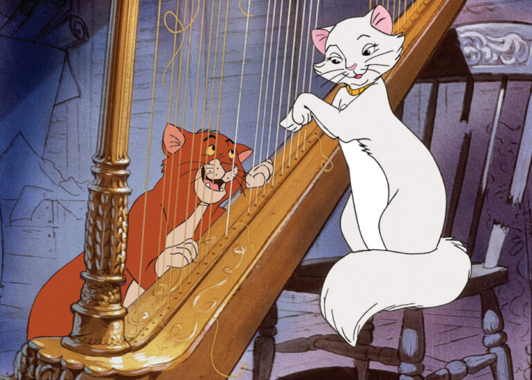 Film still from The Aristocats. A white cat, Duchess, and ginger cat, Thomas O'Malley, sit opposite each other with a harp between them.