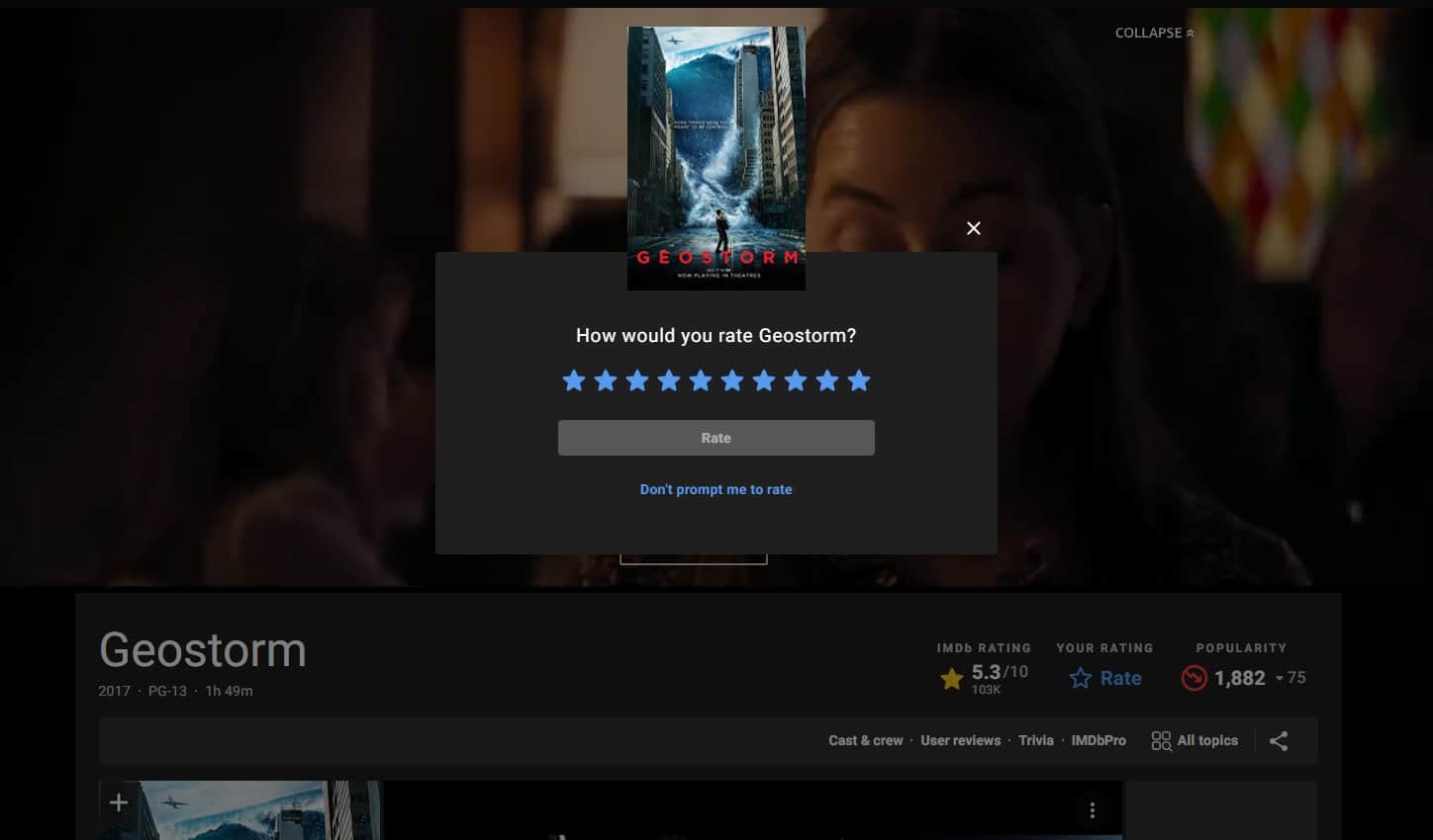 The Geostorm movie page of IMDB