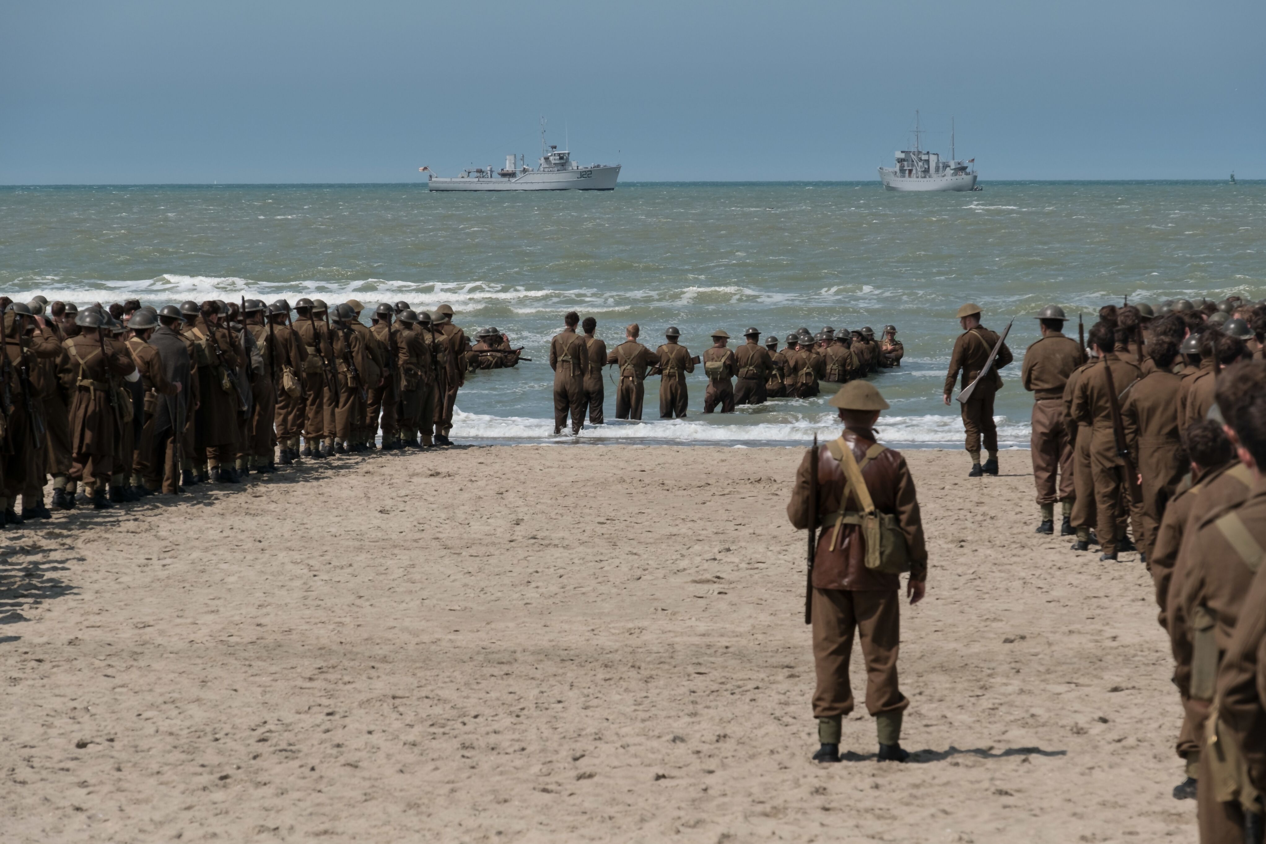 Troops on the beach in Christopher Nolan's Dunkirk. 