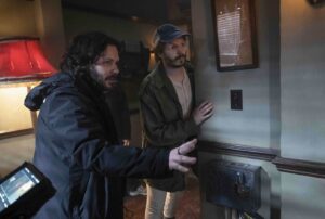 Edgar Wright directing Michael Cera in The Running Man. Credit: Paramount.