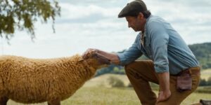 hugh jackman and a sheep in the sheep detectives trailer