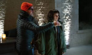 Corin Hardy and Dafne Keen on the set of Whistle.