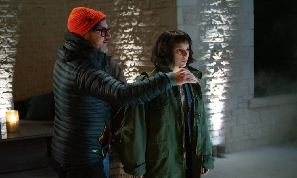 Corin Hardy and Dafne Keen on the set of Whistle.