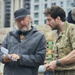 Director David Mackenzie (left) with Aaron Taylor-Johnson (right) on the London set of Fuze. Credit: StudioCanal.
